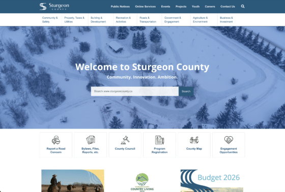Sturgeon County website homepage winter aerial view