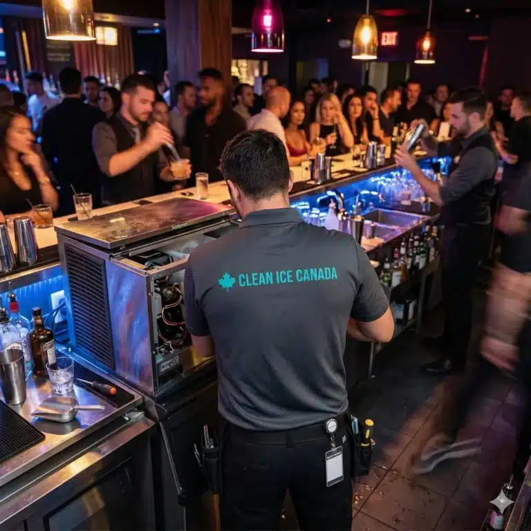 Technician services ice machine in crowded nightclub bar