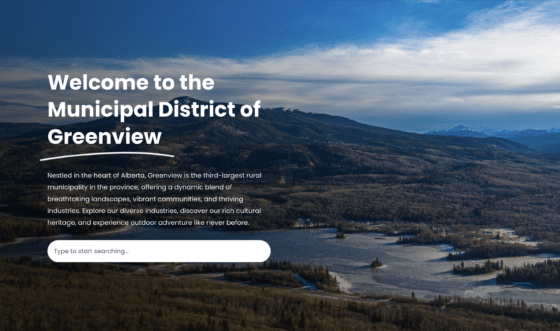 Welcome page over Greenview, Alberta mountain landscape