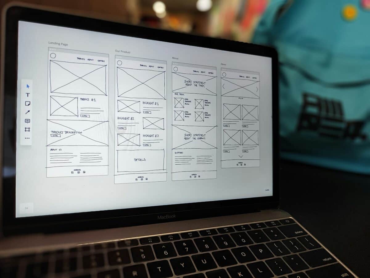 Laptop displaying website wireframes for four pages