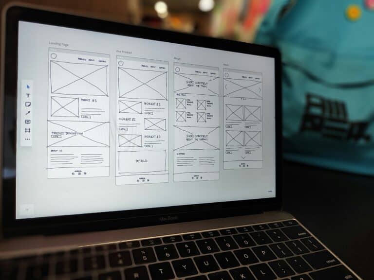 Laptop displaying website wireframes for four pages